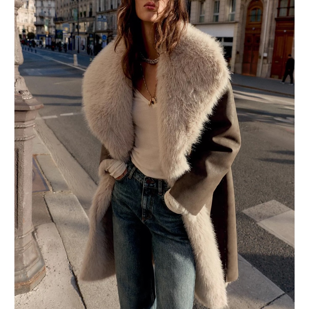 Zara Cream Teddy Jacket with Brown Accents new